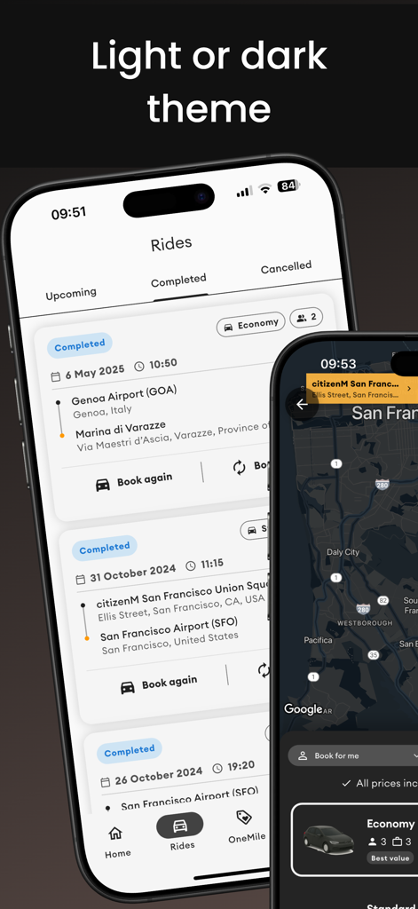 Transfeero app ride history and booking map shown in light and dark mode interfaces