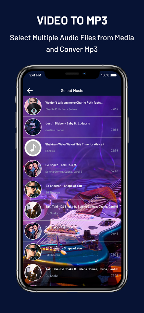 Mobile app interface showing a list of songs to select for mp3 conversion