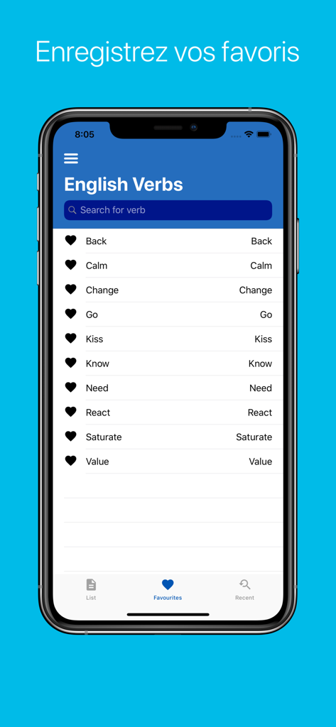 Favorites list screen of the French Verb Conjugator app showing a list of saved verbs with heart icons