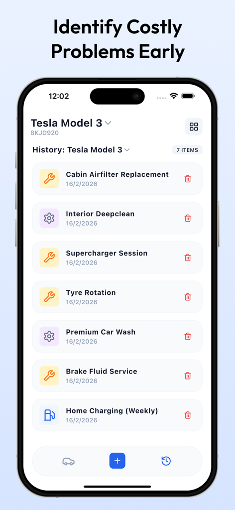 Vehicle Expense Tracker - Mobile app screen showing a maintenance and charging history log for a Tesla Model 3 including tire rotation and brake fluid service