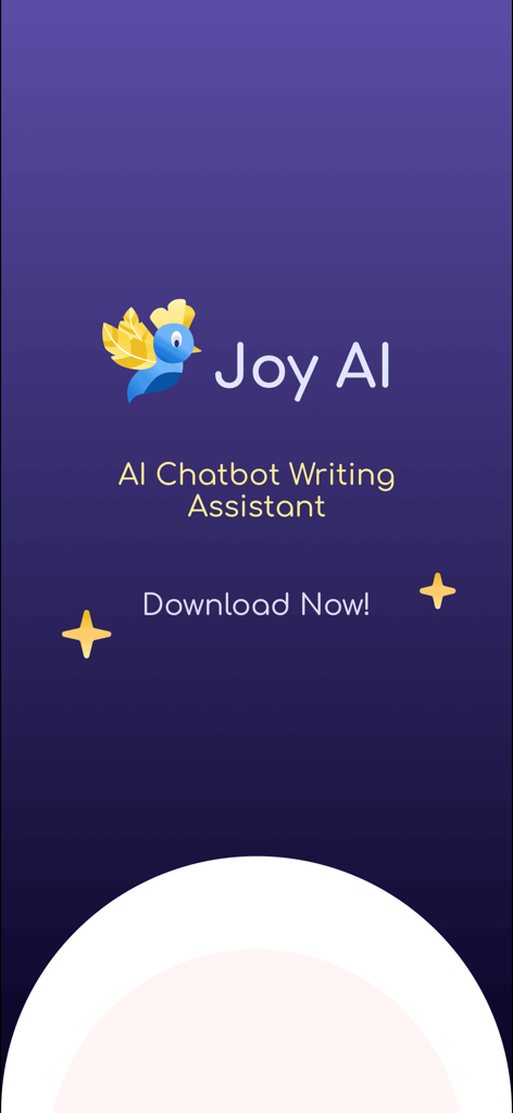 Joy AI - Joy AI app splash screen featuring a blue bird logo and the text AI Chatbot Writing Assistant on a purple background
