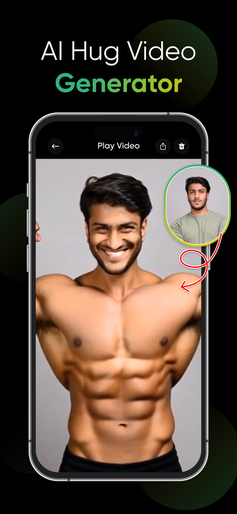 AI Hug Video Maker - HugMe - AI Hug Video Generator app screen showing a man's face swapped onto a muscular body.