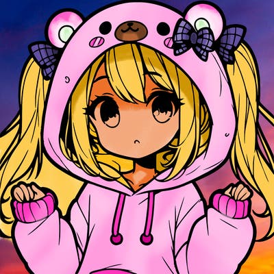 cute anime girl with ponytails and a cute bear hoodie