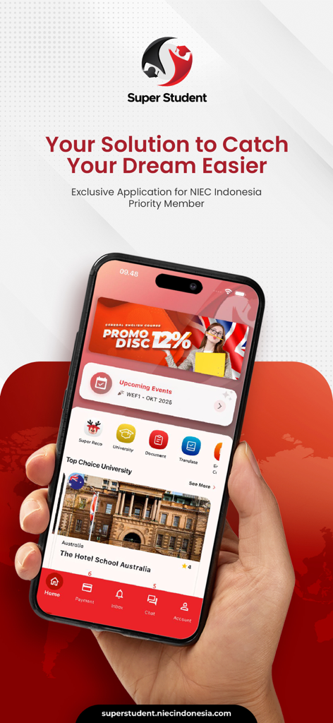 Super Student - A mobile phone displaying the home screen of the Super Student app which helps Indonesian students study abroad