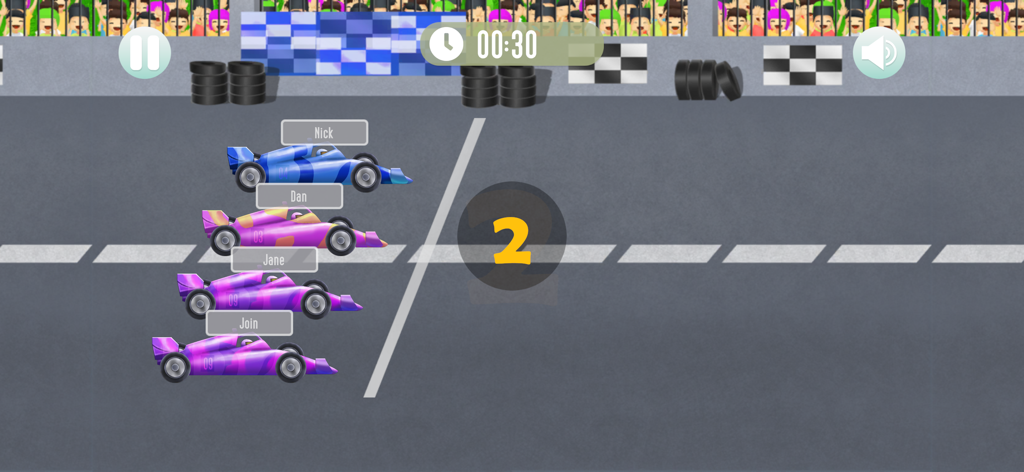 Duck Race: Name Picker - A car race screen in the Duck Race app with names above four formula cars at the starting line