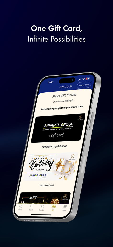 Mobile app screen showing various digital gift cards and rewards for the Club Apparel loyalty program.