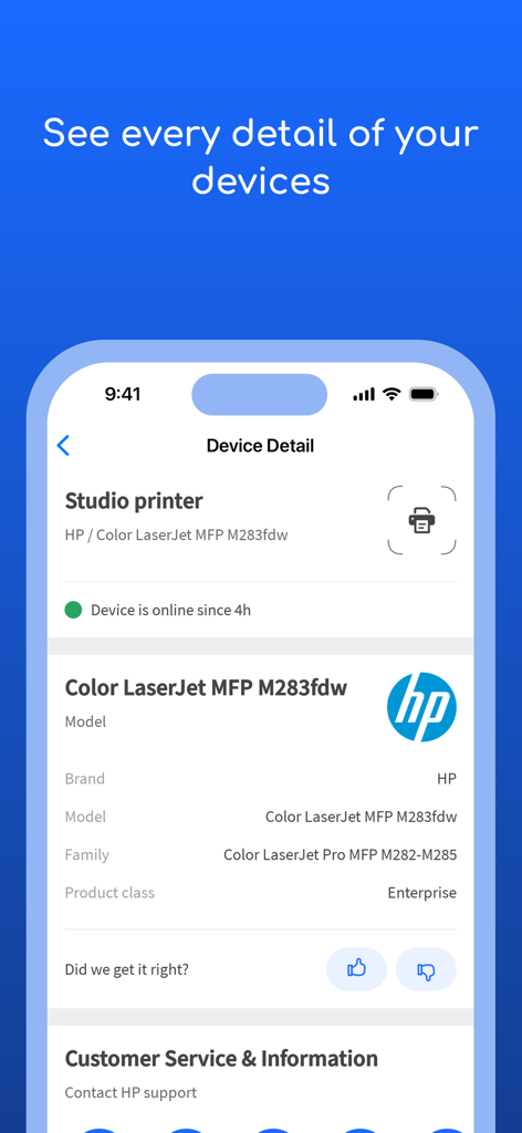 Detailed view of a connected HP printer within the Fing app interface