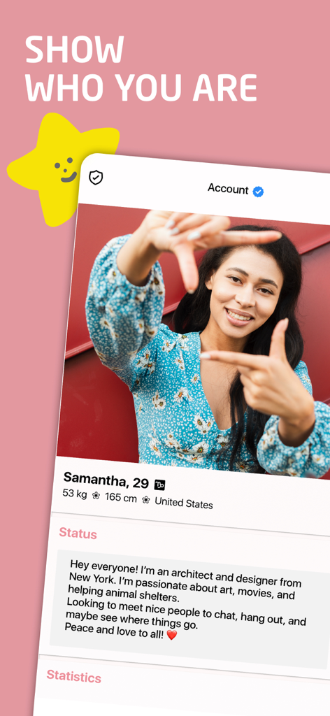 Perfil de usuario verificado en la aplicación PINK Women Chat and Community que muestra la foto y la biografía de una mujer joven