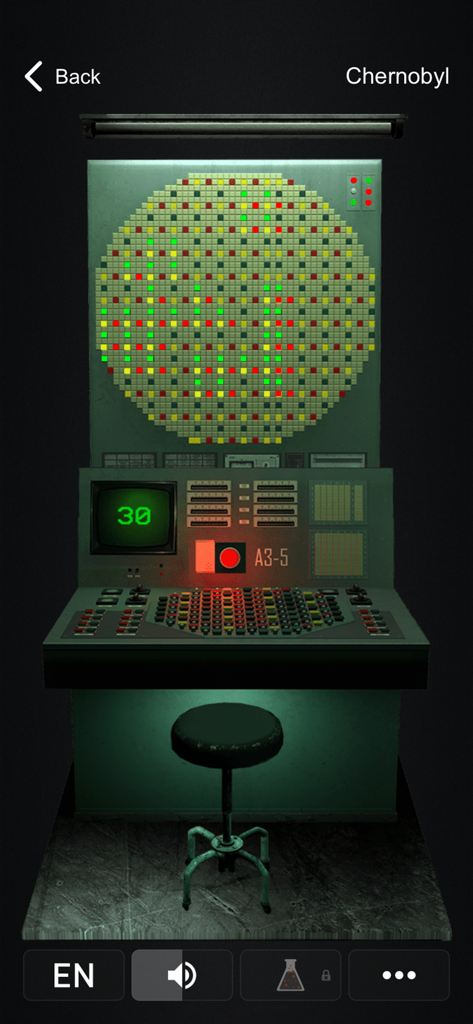 A 3D simulation of the Chernobyl nuclear power plant control room panel with interactive buttons and a circular display.