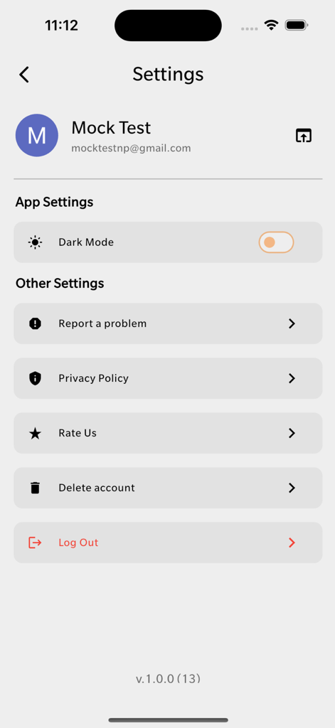 JFT Mock Test - Settings interface of the JFT Mock Test app showing dark mode toggle and account options