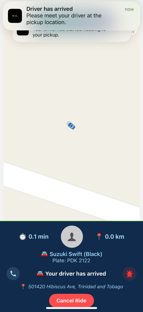 MappRides - MappRides mobile app interface showing a real-time map and a push notification indicating that the driver has arrived at the pickup location.