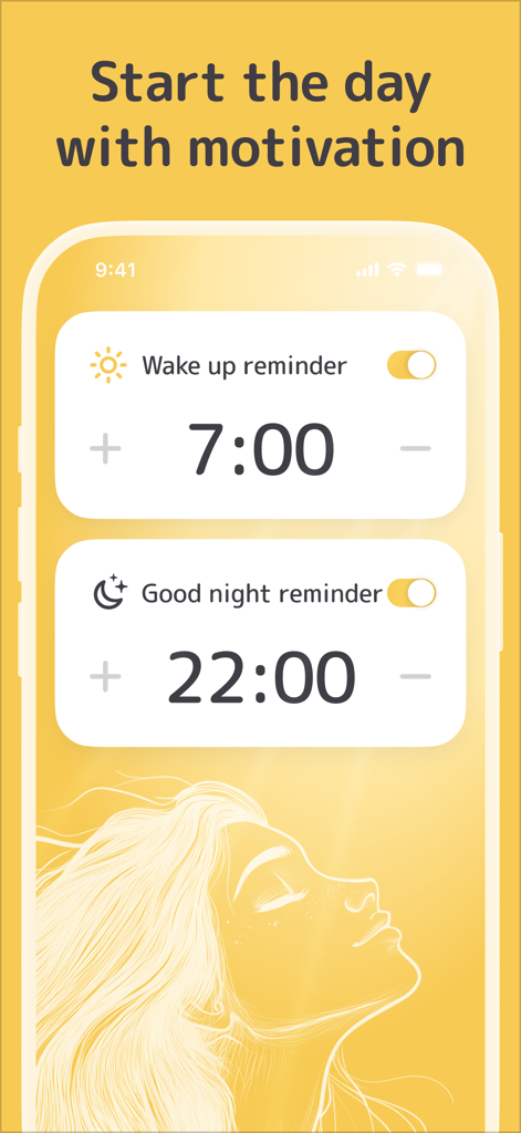 Vision Board Perfectly Happy - 具体化と毎日のモチベーションのためのスケジュールされた朝と夕方のリマインダーを示すスマートフォンの画面。