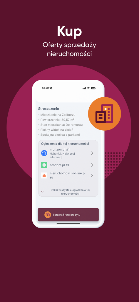 Interface d'une application mobile affichant un résumé d'annonce immobilière avec des liens vers plusieurs portails immobiliers et un bouton de calcul hypothécaire