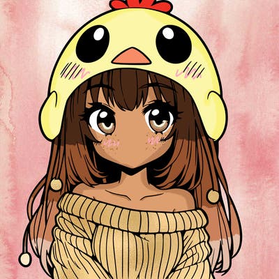 anime girl with chick shaped hat with sweater with bare shoulders with bangs covering them one eye with low tail