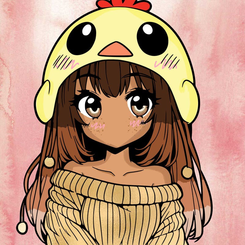 anime girl with chick shaped hat with sweater with bare shoulders with bangs covering them one eye with low tail