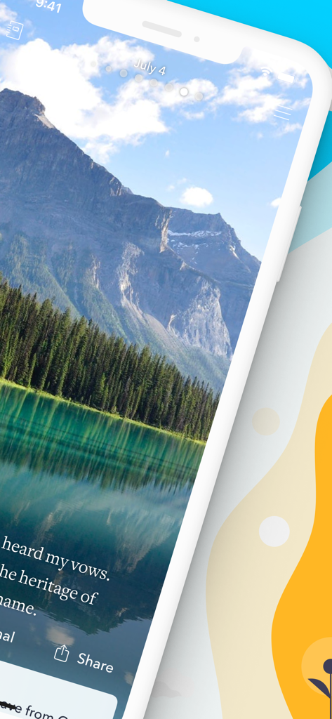 A daily Bible verse displayed over a stunning mountain and lake landscape background within the app