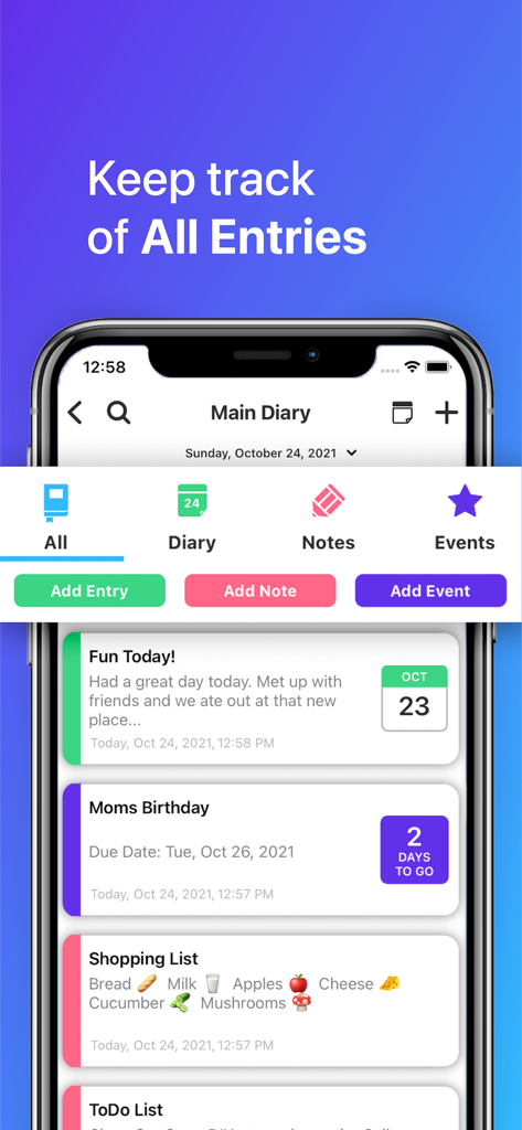 iDailyDiary mobile app showing a dashboard of diary entries notes and upcoming events
