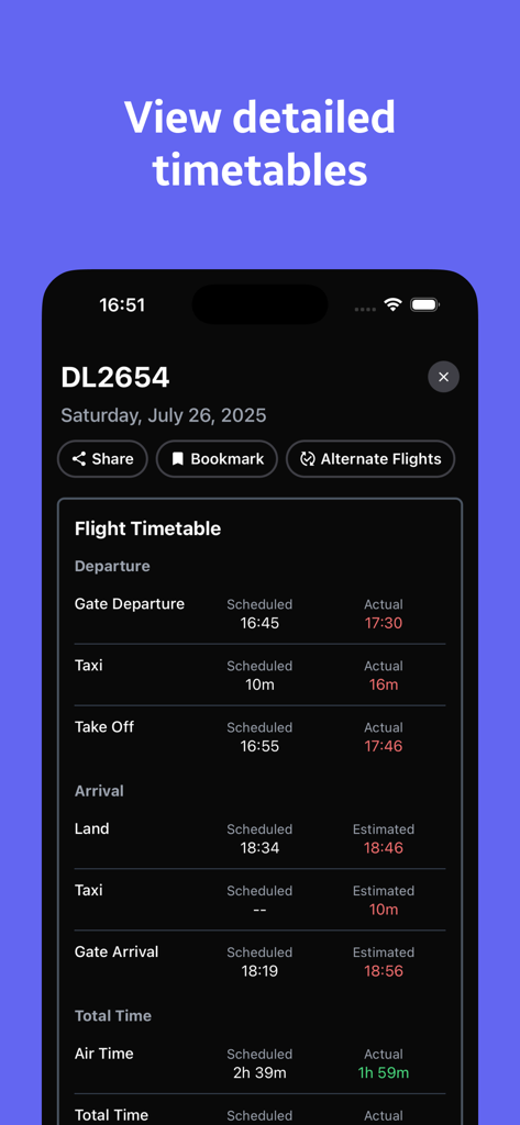 NavPort アプリの詳細なフライト時刻表画面。出発時刻と到着時刻が表示されている。