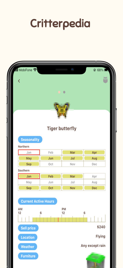 Entrée détaillée du critterpedia pour le papillon tigre dans l'application Ani Guide montrant la saisonnalité et les heures actives