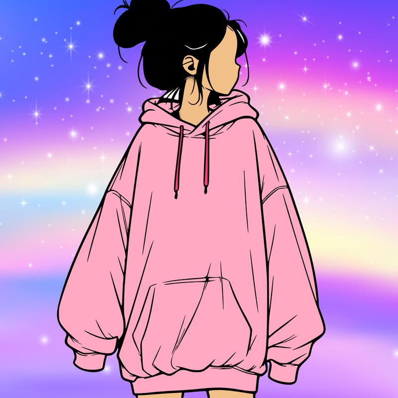 realistic girl with a oversized sweatshirt on and a bun