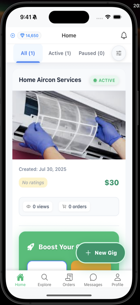BebasWork - Panel de la aplicación móvil BebasWork mostrando un servicio activo para aire acondicionado en el hogar