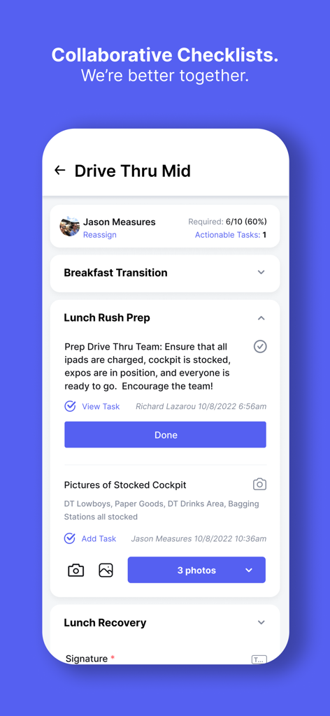 Mobile screen of VSBL App showing a collaborative checklist for restaurant daily operations