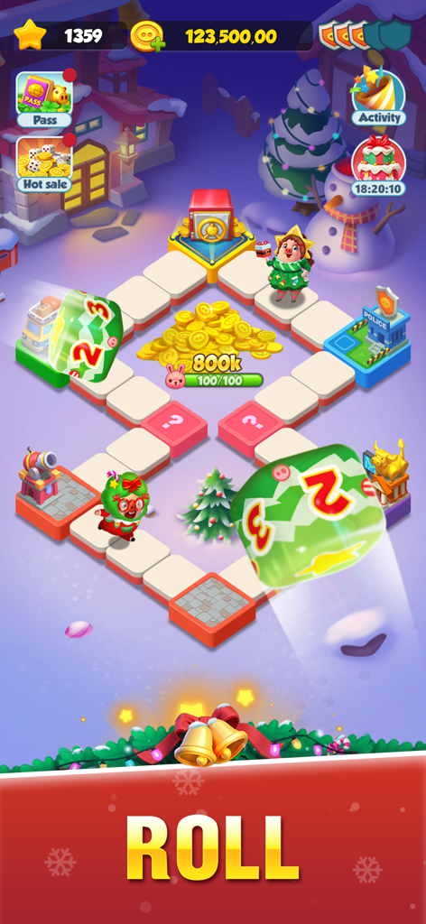 Piggy GO gameplay showing a winter board with characters dice and coins
