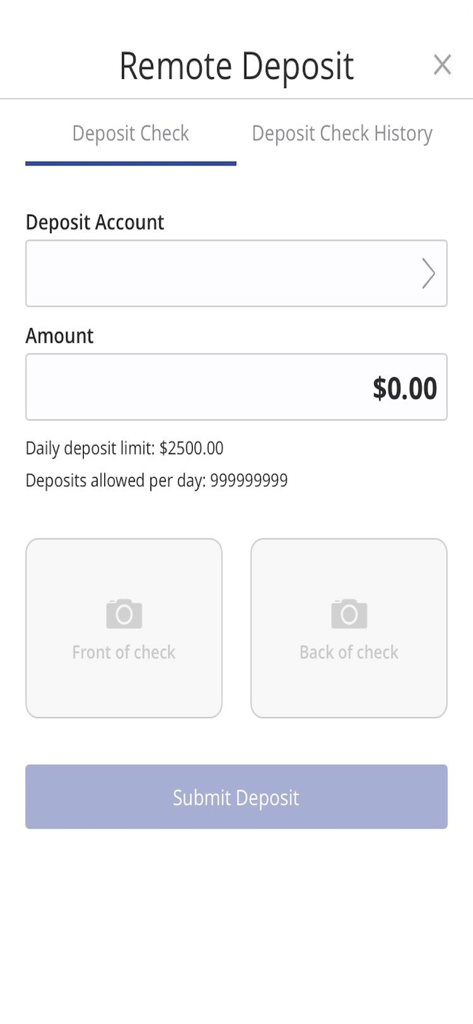CB-Mobile Banking - Remote check deposit interface in the Civista Bank CB-Mobile Banking app featuring photo capture for front and back of checks