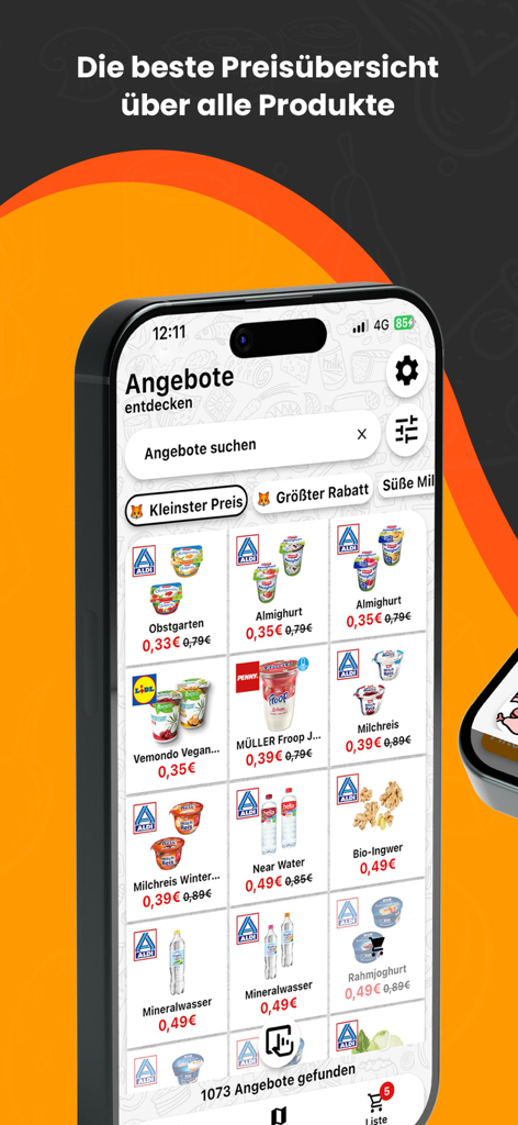 SparFuxアプリのスマートフォンのインターフェース。さまざまなスーパーマーケットの食料品のお得な情報と割引が表示されている。