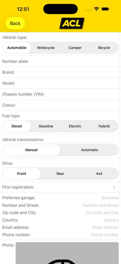 ACL App - Interface do usuário para registrar detalhes do veículo no aplicativo móvel ACL