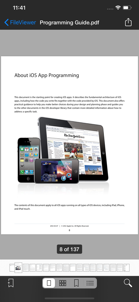 FileViewer USB for iPhone - Interfaz de la aplicación FileViewer USB mostrando un documento PDF con controles de navegación y miniaturas de página