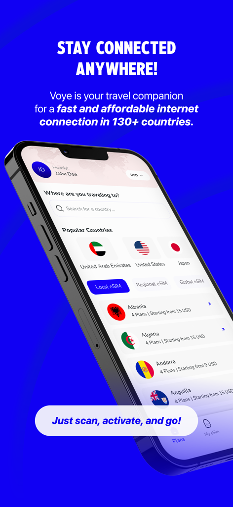 Voye Global app interface showing travel eSIM data plans for over 130 countries
