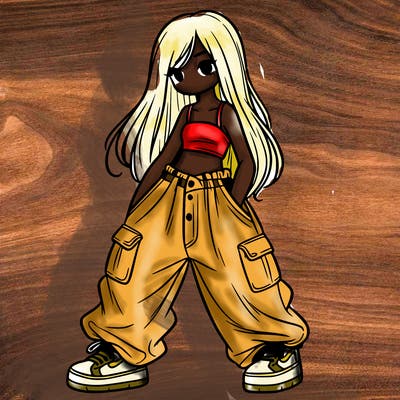 girl in baggy pants, crop top, and long hair