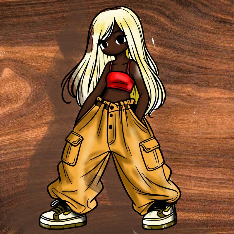 girl in baggy pants, crop top, and long hair