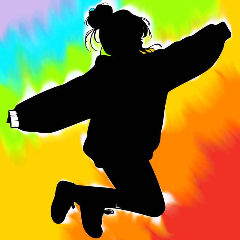 realistic girl jumping with a bun and oversized sweatshirt