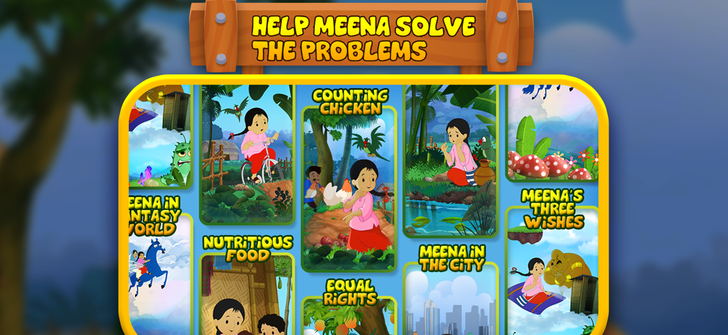 Level selection screen for Meena Game showing various educational story chapters like Nutritious Food and Equal Rights