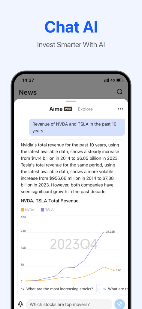 AI chat interface in the Penny Stocks Screener app displaying a financial revenue comparison chart for Nvidia and Tesla