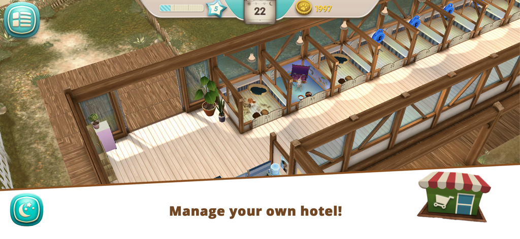 Vista isométrica de un hotel virtual para perros que muestra varias habitaciones de alojamiento para mascotas