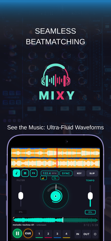 MIXY DJ Music Mixer app interface showing seamless beatmatching and high-resolution waveforms