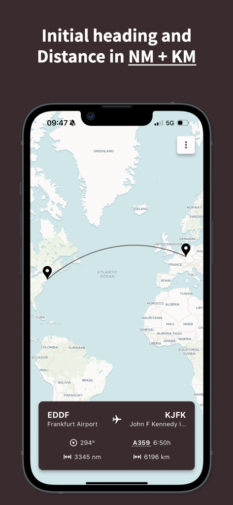 A mobile app interface displaying a flight route map between two airports with distance measurements in nautical miles and kilometers