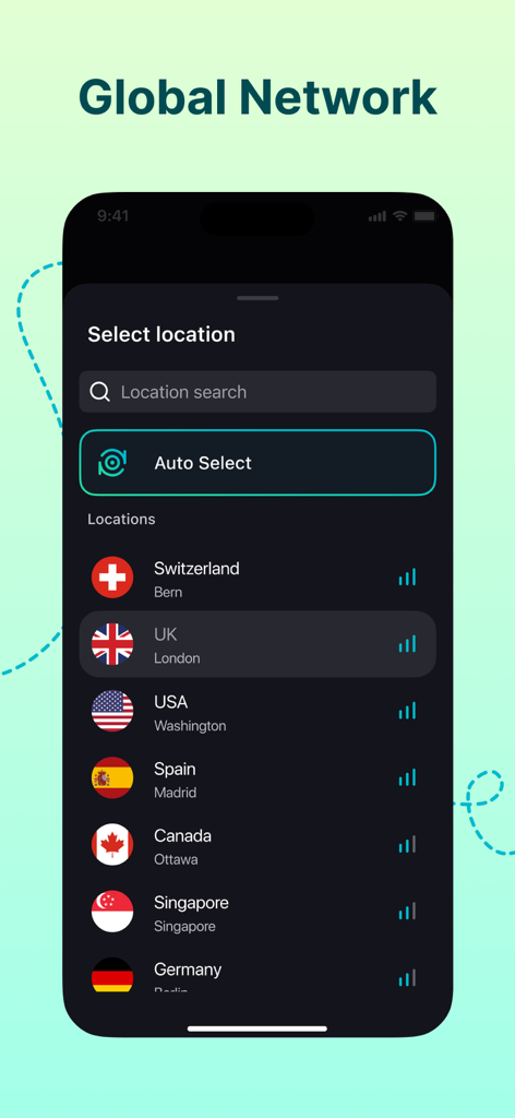 VPN FREE Super Unlimited Proxy - 英国、米国、カナダなど、グローバルVPNサーバーの場所のリストを表示するモバイルインターフェース