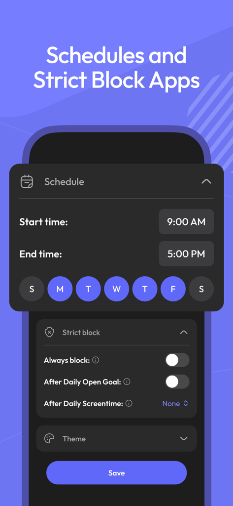 User interface of ScreenZen app showing scheduling and strict block settings for screen time management