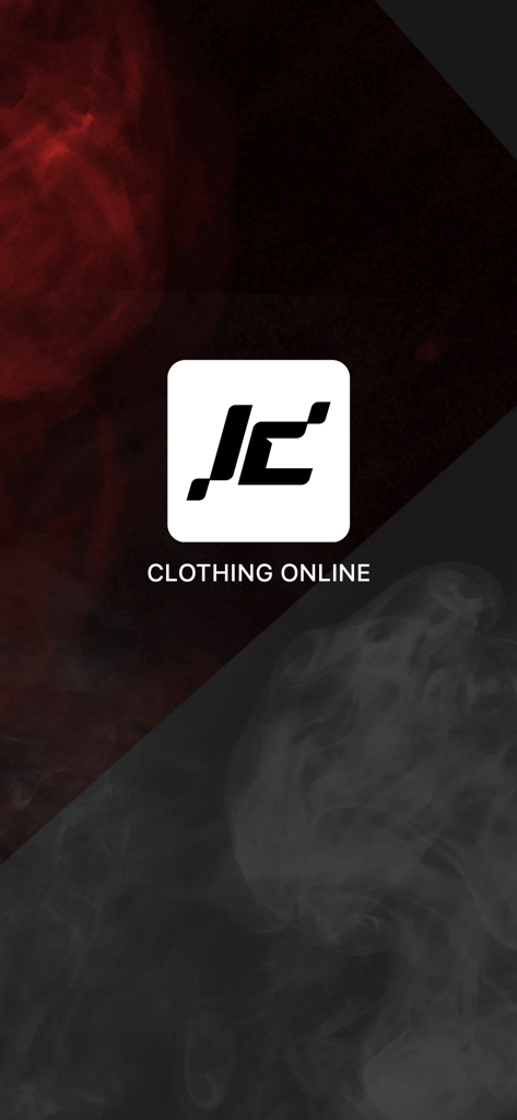 Tela de introdução do aplicativo Jersey Online apresentando seu logotipo e o texto Clothing Online sobre um fundo esfumaçado