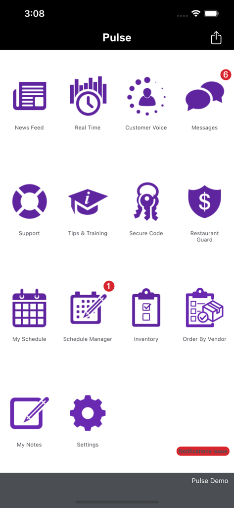 NCR Voyix Pulse app dashboard displaying a grid of icons for restaurant management tools like Real Time sales tracking, Restaurant Guard, and Schedule Manager.