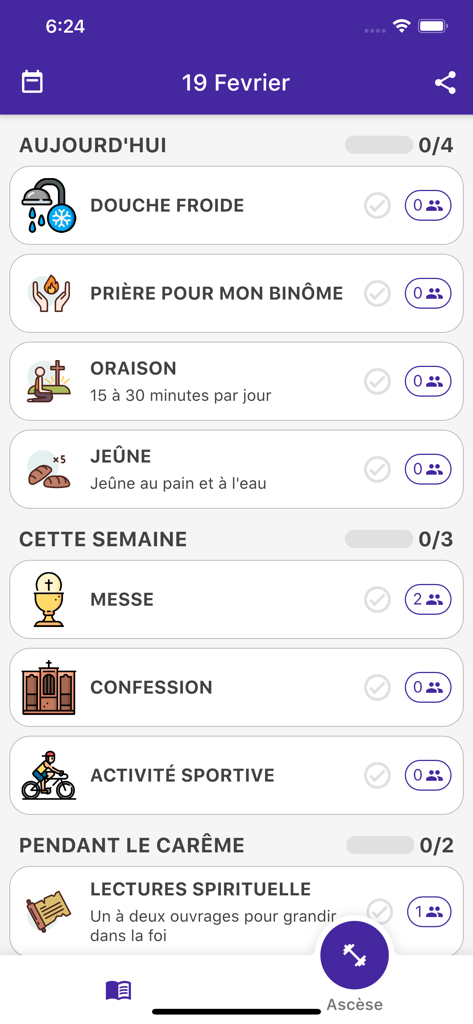 Daily spiritual task list in the Conversio app featuring prayer fasting and ascetic practices
