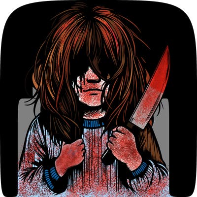 scary realistic girl holding a knife and hair covering her face