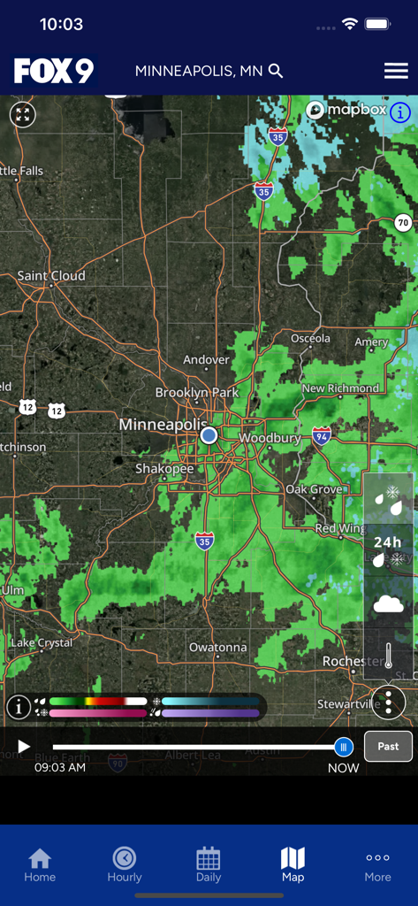 FOX 9 Weather app interactive radar map showing precipitation over the Minneapolis Twin Cities metro area.