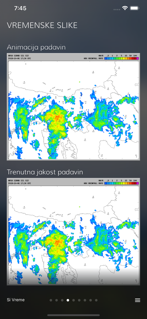SiVreme app displaying precipitation radar maps and animation for Slovenia
