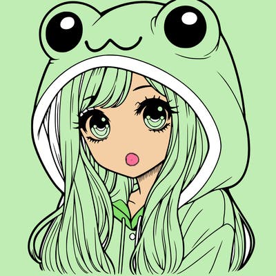 a pretty girl wearing a frog hoodie portrait with long hair