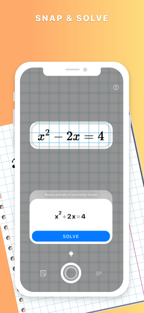 Smartphone screen scanning a math problem from a notebook using the Alphamath app.
